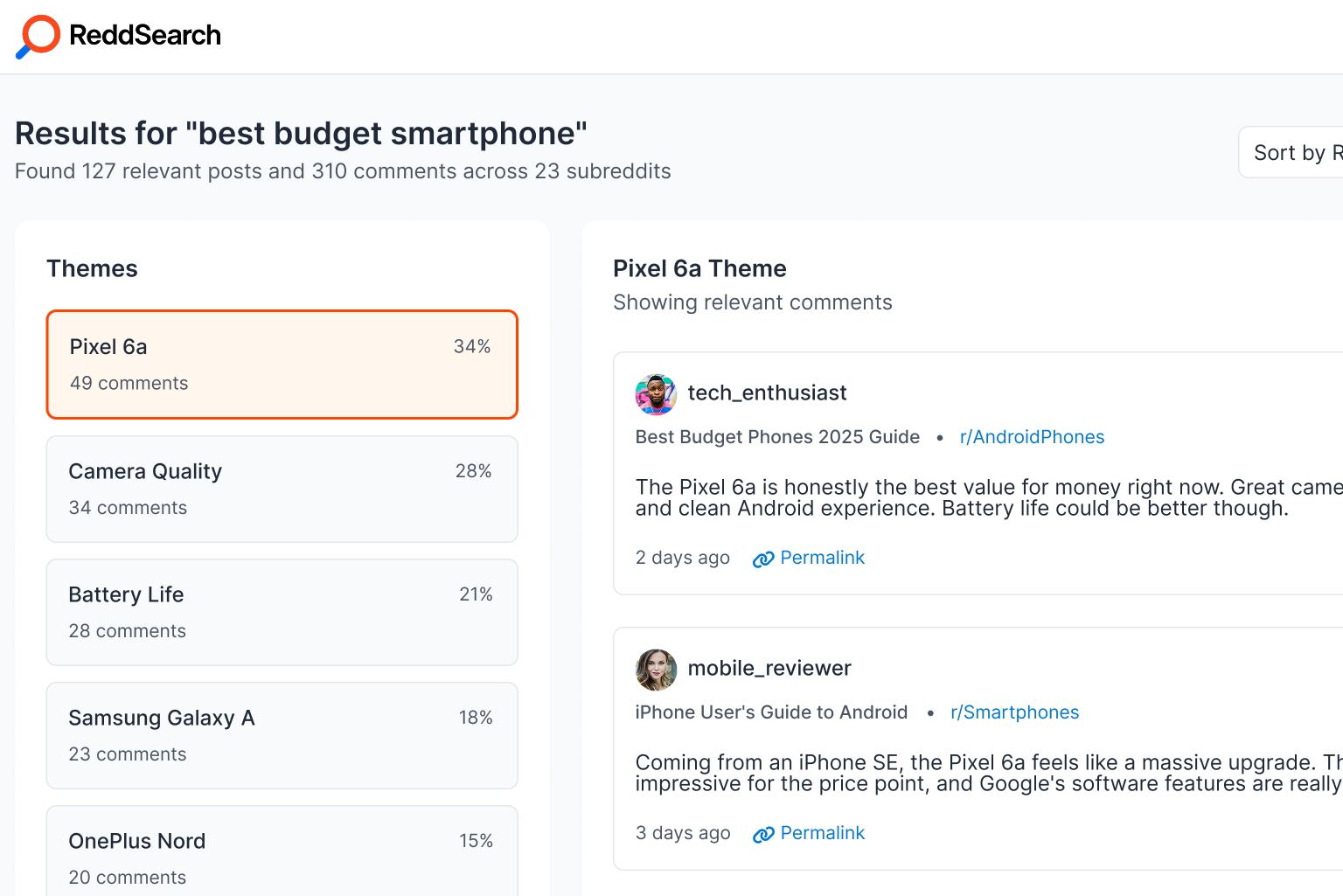 ReddSearch Web Interface showing search results and insights