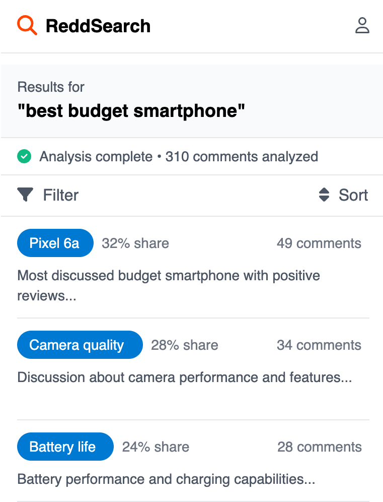 ReddSearch mobile interface showing search results and insights